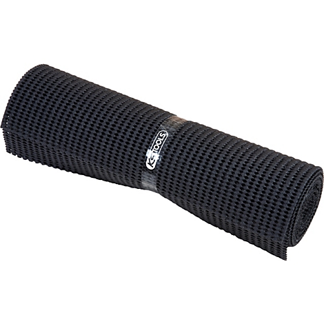 Gerollte, schwarze Anti-Rutsch-Matte mit wabenartigem Muster. Mittig ein Logo der Marke "KS TOOLS".